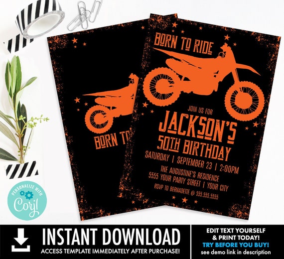 Motorcycle Party Invitation,Born to Ride,Born to Be Wild,Dirt Bike Invite | Personalize using CORJL–INSTANT DOWNLOAD Printable Template