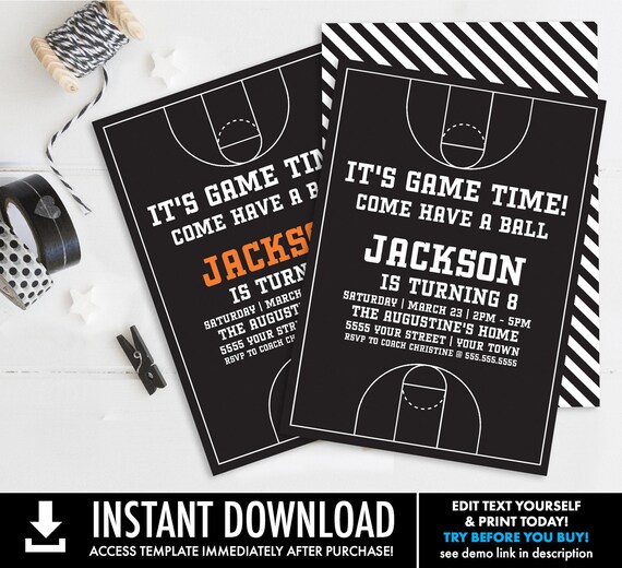 Basketball Invitation - Basketball Birthday Party Slam Dunk Birthday, Game Time | Self-Edit with CORJL - INSTANT DOWNLOAD Printable Template