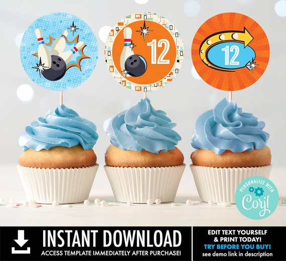 Bowling Party Cupcake Toppers - 2-inch CupcakeToppers & Cutouts, Bowling Birthday | You Personalize using CORJL - INSTANT DOWNLOAD Printable