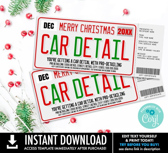 Car Detailing Gift Certificate, Christmas Gift, License Plate Car Detail Gift Voucher | Self-Edit with CORJL - INSTANT DOWNLOAD Printable