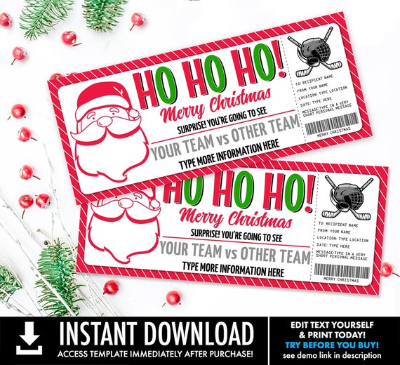 Hockey Ticket Christmas Gift - Surprise Game Ticket, Gift Certificate, Gift Voucher | Self-Edit with CORJL - INSTANT DOWNLOAD Printable