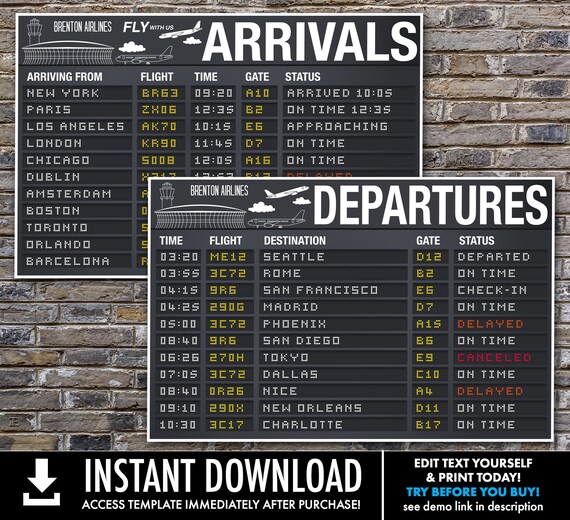 Airplane Party Poster - 36x24 Arrival & Departure TWO Sign Set, Airport Terminal Signs| Self-Edit with CORJL - INSTANT Download Printable Il_570xn