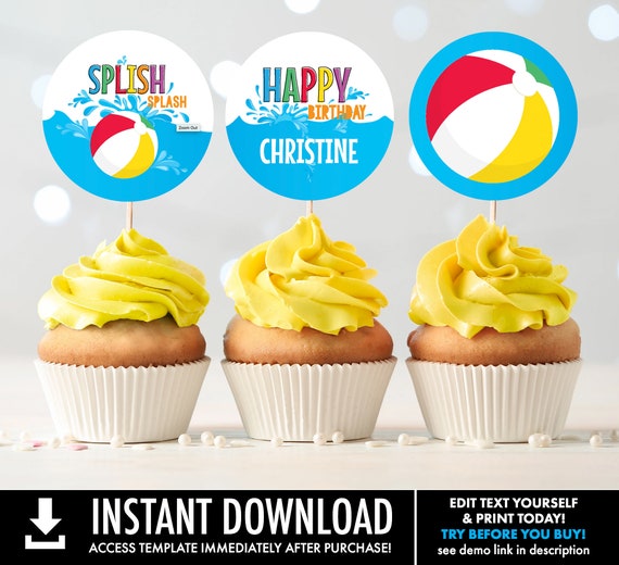 Pool Party Cupcake Toppers - 2" Circle Tag, Pool Theme Decor, Gift Tag, Summer Birthday | Self-Edit with CORJL - INSTANT DOWNLOAD Printable