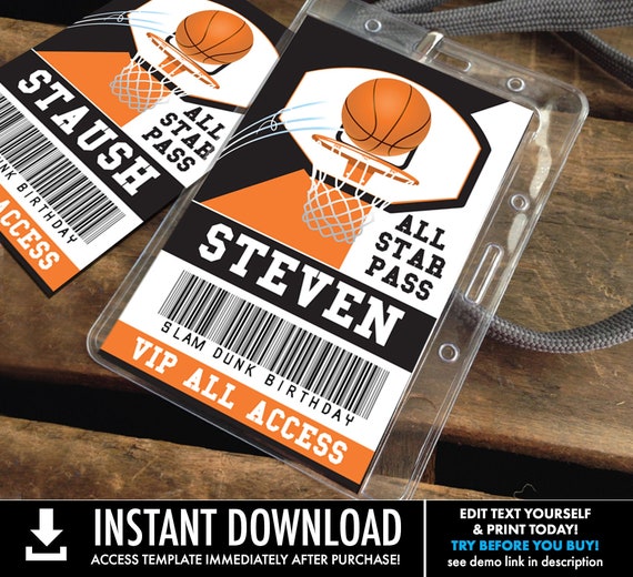 Basketball All Star ID Badge - Basketball Party,Basketball VIP All Access Pass | You Personalize using CORJL–Instant Download Printable Il_570xn