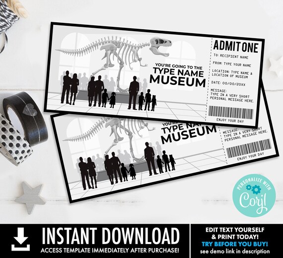 Museum Gift Certificate,Museum Dinosaur Surprise Gift Voucher,Children's Museum | Self-Edit with CORJL - INSTANT DOWNLOAD Printable Template