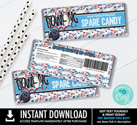 Bowling Party Candy Bar Wrappers - Bowling Birthday, Bowling Favor, Party Favor | You Personalize using CORJL - INSTANT DOWNLOAD Printable