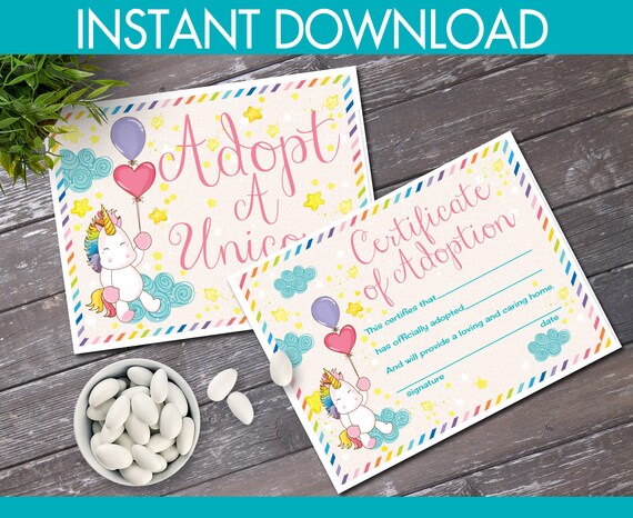 Adopt a Unicorn Certificate &amp; Sign - Unicorn Birthday Party, Magical ...