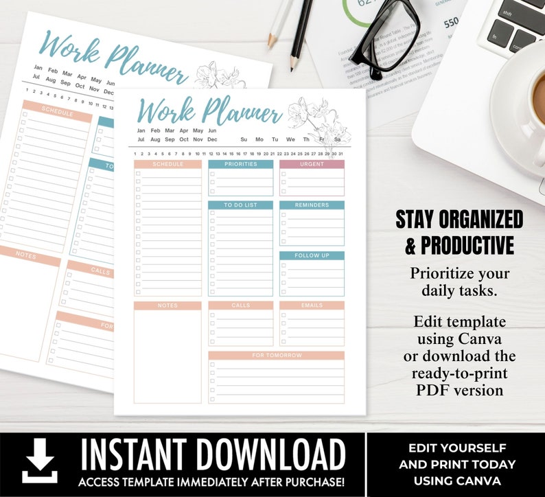 Editable Work Planner, Work Day Organizer, Printable Daily Planner ...
