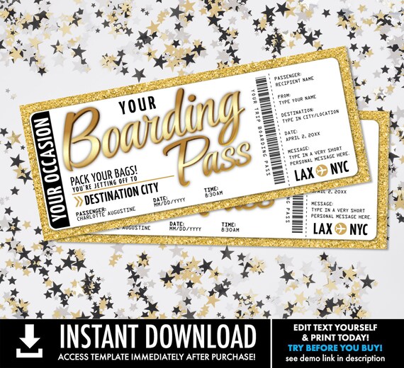 Editable Boarding Pass Template - Surprise Fake Airline Ticket,Airplane Flight Destination | Edit with CORJL - INSTANT DOWNLOAD Printable