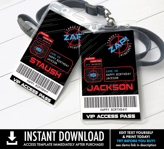 Laser Tag Party VIP Invite Badge - I.D. Badge, Laser Tag All Access Pass | Self-Edit with CORJL - INSTANT Download Printable Template