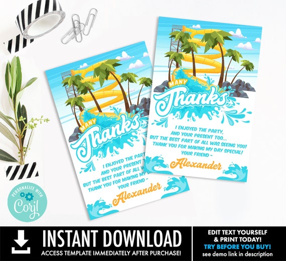 Waterslide or Waterpark Party Thank You Card, 4"x6" Thank You Note, Birthday Party | You Personalize using CORJL–INSTANT Download Printable