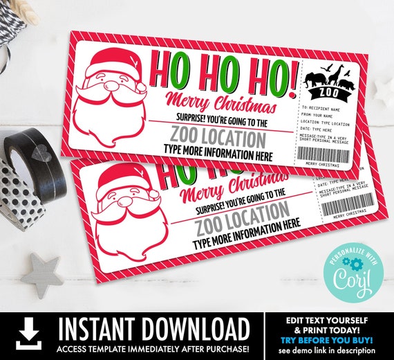 Santa Zoo Gift Certificate, Wild Animal Park Gift Ticket, Gift Voucher, Ho Ho Ho! | Self-Edit with CORJL-INSTANT Download Printable