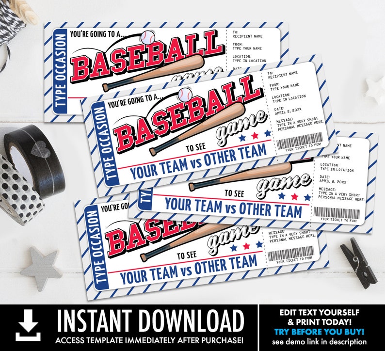 Baseball Ticket Gift Editable Template 4 SMALL Surprise Etsy