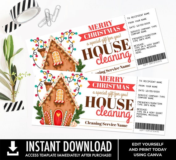 House Cleaning Christmas Gift Certificate, Maid Service, Gingerbread House Gift Voucher | Personalize with CANVA-INSTANT DOWNLOAD Printable