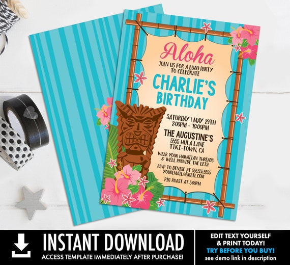 Luau Invitations - Hawaiian Party, Luau Birthday, Luau Shower,Pink | Self-Editing with CORJL - INSTANT DOWNLOAD Printable