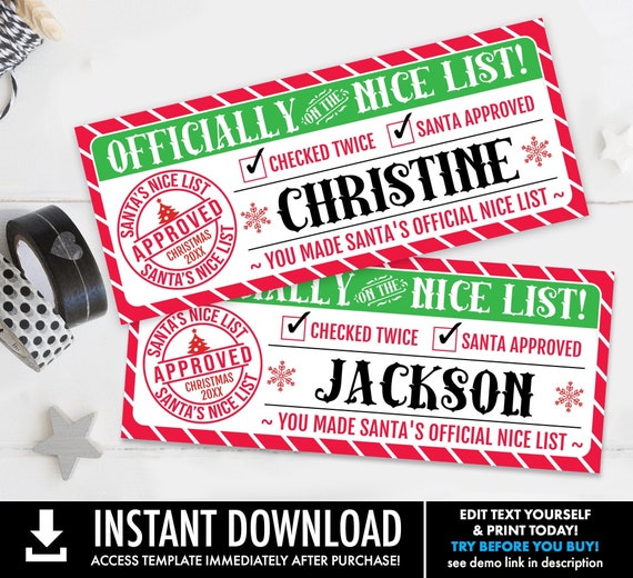 Christmas Nice List Ticket for Kids - Elf Report Card, Santa's Nice List | Self-Edit with CORJL-INSTANT Download Printable