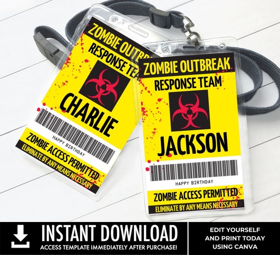 Zombie Hunter VIP I.D. Badge - Zombie Party, Halloween | Edit with CANVA - INSTANT Download Printable Template