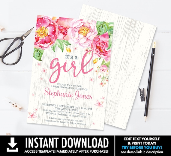 It's A Girl Flower Baby Shower Invitation Flower Shower, Spring