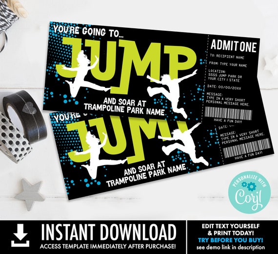 Trampoline Park Gift Certificate, Trampoline Surprise Gift Voucher | Self-Edit with CORJL - INSTANT DOWNLOAD Printable Template