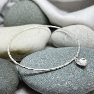 Silver Heart Bangle - 925 Sterling Hammered Stacking Bangle Charm Bracelet Handmade From Recycled Eco Silver