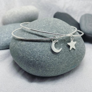 Silver Moon and Star Bangle Duo  - Sterling Silver Solid 925 Charm Bracelets Hammered Bangles Handmade From Recycled Eco Silver