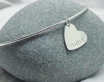 Personalised Silver Heart Charm Bangle - 925 Sterling Silver Hammered Name Bracelet Handmade From Recycled Eco Silver
