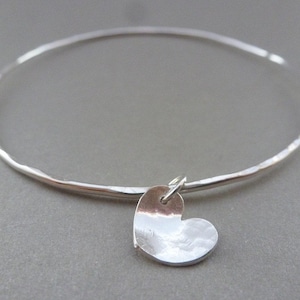 Silver Heart Bangle - 925 Sterling Hammered Stacking Bangle Charm Bracelet Handmade From Recycled Eco Silver