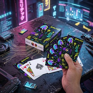 May include: A deck of Militech playing cards featuring a cyberpunk aesthetic with neon purple, blue, and yellow graphics. The box and cards display futuristic character illustrations and circuit board patterns. The set includes standard playing cards.