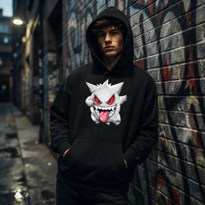 Heavyweight Shiny Gengar Streetwear Hoodie, Vintage Washed 400gsm Oversized Pullover, Ghost Anime Aesthetic Sweatshirt
