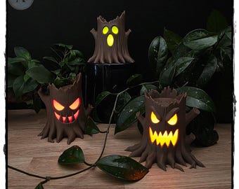 3D Printed Spooky Tree Stump Tealight Holders | Halloween Decor | Glowing Haunted Tree Lantern | Set of 3 or Individual | Custom Colors