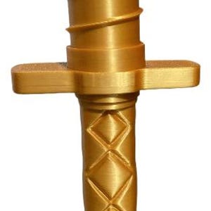 May include: A golden-colored decorative sword with a detailed design. The top section features a spiral pattern, while the handle has a diamond-shaped pattern. The sword has a crossguard and a rectangular base.