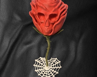 Gothic Rose with Skull | Red Rose Halloween Decoration | Spooky Dark Romantic Decor | Creepy Cute Unique 3D Printed Flower | Holiday Gift