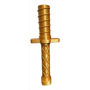 May include: A gold-coloured decorative sword handle. The upper part features a spiral design, while the lower handle has a diamond pattern. The sword handle includes a crossguard and is made of a solid material.