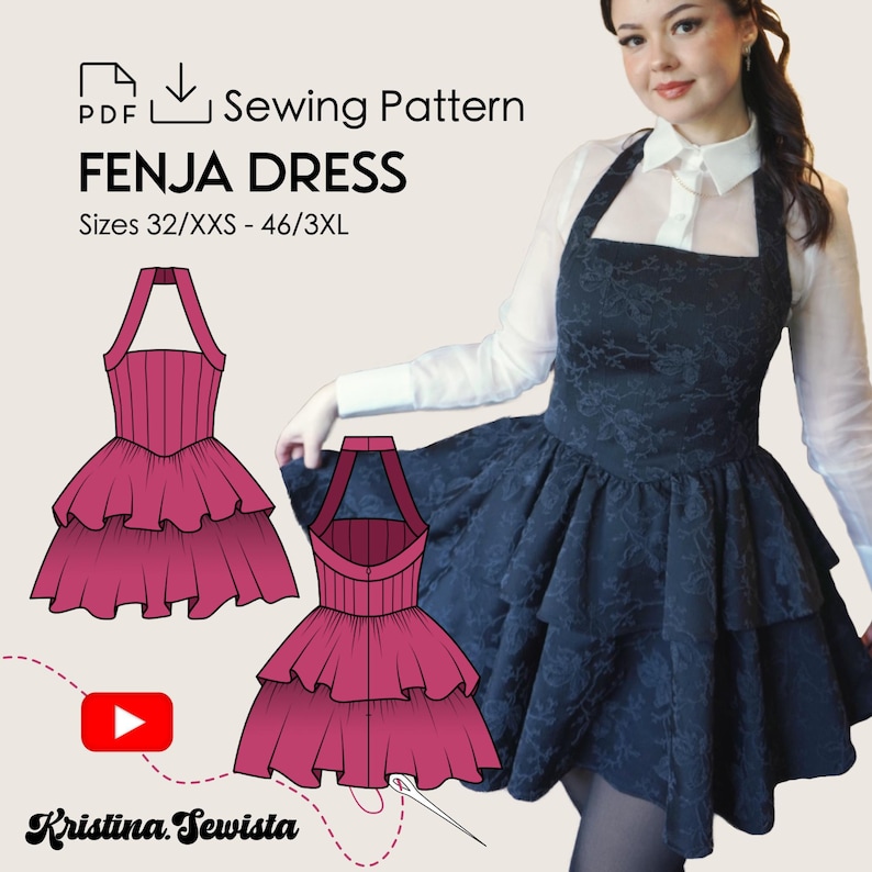 Puede incluir: Un patr&oacute;n de costura para un vestido Fenja, un vestido de capas con escote halter. El patr&oacute;n est&aacute; disponible en las tallas 32/XXS a 46/3XL. La imagen muestra una ilustraci&oacute;n rosa del vestido y una mujer vistiendo un vestido similar de color azul oscuro.