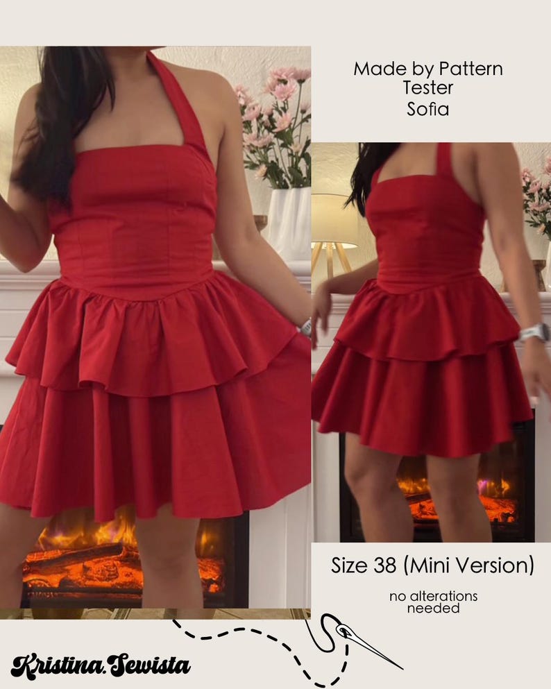 Puede incluir: Un vestido rojo de tirantes con falda de capas. El vestido est&aacute; hecho de una tela ligera y tiene un dise&ntilde;o simple y elegante. El vestido se muestra en una modelo en talla 38 (Mini Version). El texto "Made by Pattern Tester Sofia" y "no alterations needed" tambi&eacute;n es visible en la imagen.