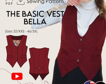 Basic Vest BELLA Sewing Pattern PDF | Woman Sewing Pattern Digital | Waistcoat Sewing PDF Loose fitted V-Neck Buttoned Vest Pattern Download