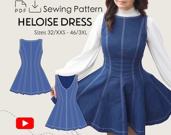 Patrón de costura para vestido de cuello barco HELOISE en PDF / Vestido de verano ajustado y acampanado / Patrón de costura digital para mujer / Tallas XXS-3XL / Descarga instantánea