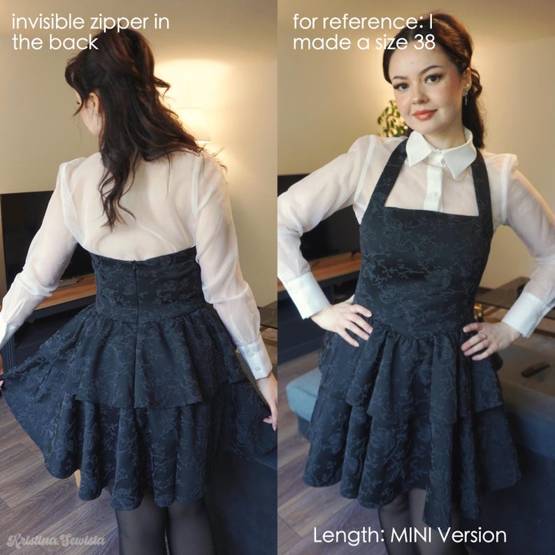 Puede incluir: Un vestido negro con escote halter y falda de capas. El vestido tiene un corpi&ntilde;o ajustado y una cremallera invisible en la espalda. El vestido se muestra en una modelo que lleva una blusa blanca debajo. El vestido est&aacute; etiquetado como "Longitud: Versi&oacute;n MINI".