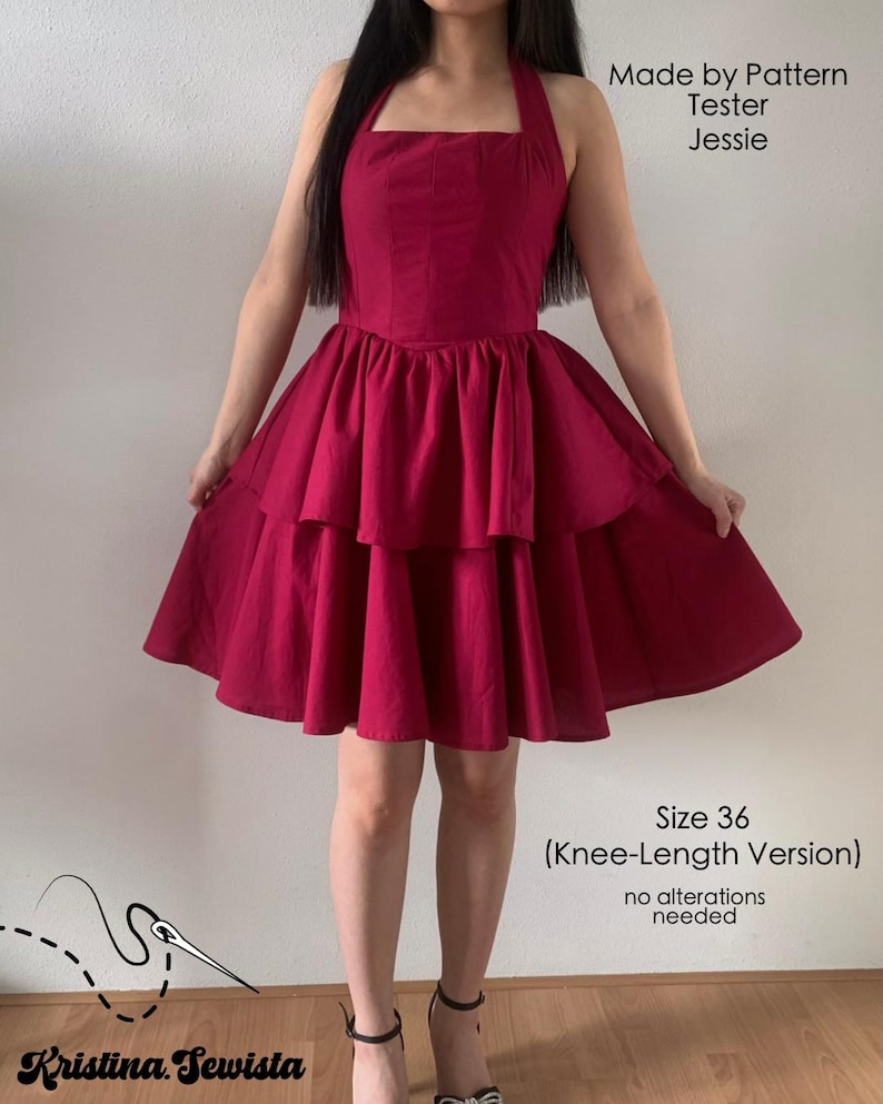 Puede incluir: Un vestido rojo de tirantes con falda de capas. El vestido es de largo hasta la rodilla y no necesita ninguna alteraci&oacute;n. Talla 36. Hecho por Pattern Tester Jessie.