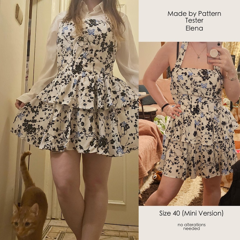 Puede incluir: Un vestido blanco con estampado floral negro y azul. El vestido tiene una falda de capas y un escote cuadrado. El vestido se muestra en una modelo y est&aacute; etiquetado como "Talla 40 (Versi&oacute;n Mini)" y "Hecho por Pattern Tester Elena".