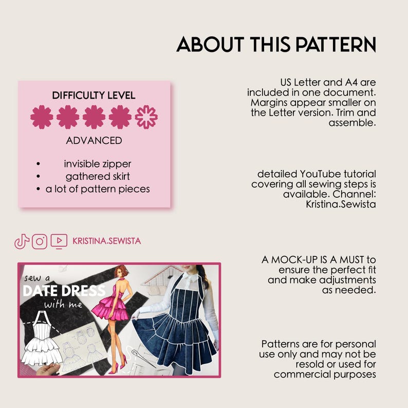 Puede incluir: Una ilustraci&oacute;n digital de un vestido de cita azul y blanco con una falda con volantes. El texto "sew a DATE DRESS with me" est&aacute; en la imagen. La imagen es una descarga digital para un patr&oacute;n de costura.
