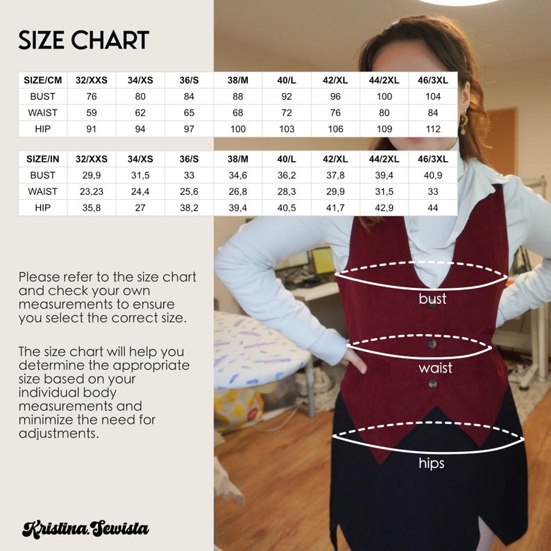 Puede incluir: Tabla de tallas para una prenda con medidas en pulgadas y cent&iacute;metros. La tabla muestra las medidas de busto, cintura y cadera para las tallas 32XXS a 463XL. La imagen tambi&eacute;n muestra a una mujer usando un chaleco burdeos con una camisa blanca debajo.