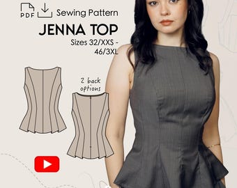 Peplum Top JENNA Sewing Pattern PDF | Fitted Y2K Inspired Top with Princess Seam | Boat Neck & V-Neck | Digital Sewing Pattern Sizes 32-46