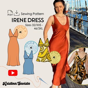 Könnte beinhalten: Ein rostfarbenes Satin-Irene-Kleid mit V-Ausschnitt, zusammen mit Illustrationen von drei Kleidungsstilen. Das Bild enthält ein Schnittmuster, den Text "IRENE DRESS", Größenangaben und den Namen des Designers. Das Kleid wird von einer Person getragen.