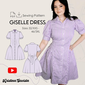 Op de afbeelding: Een naaipatroon voor de Giselle jurk, met een gestreepte paars-witte jurk met korte mouwen. Het patroon bevat maten 32/XXS tot 46/3XL. De afbeelding toont ook een lijntekening van de jurk en het Kristina Sewista logo.