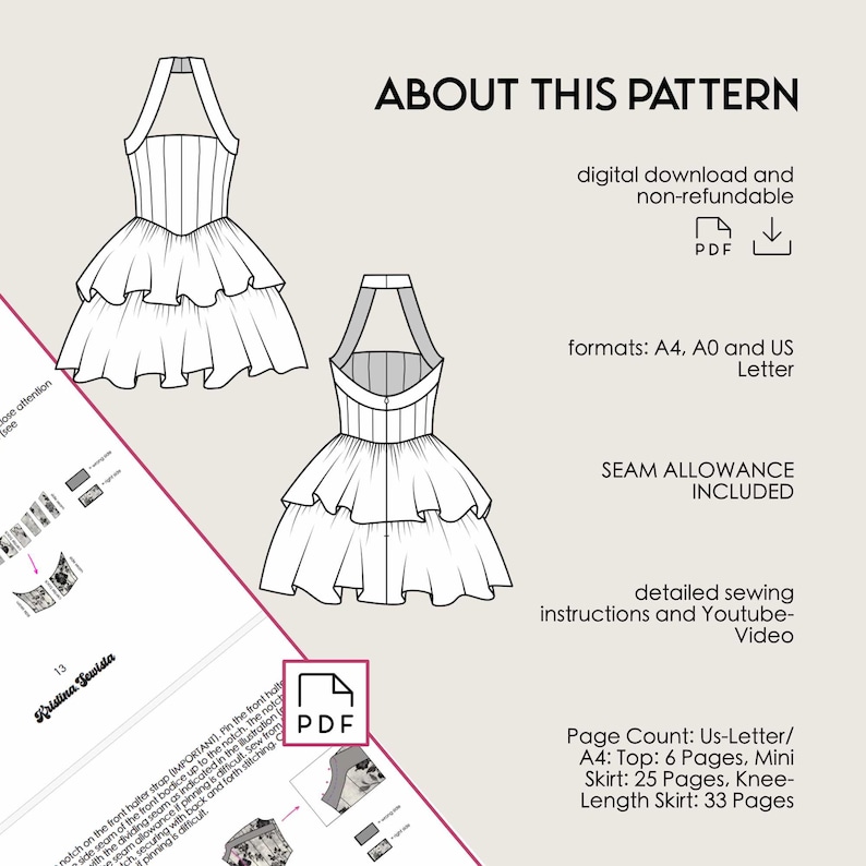 Vestido Cuello Halter FENJA Patrón de Costura PDF / Patrón de Costura Mujer Digital / Patrón Vestido Verano Descarga Digital / Patrón Vestido Halter PDF imagen 3