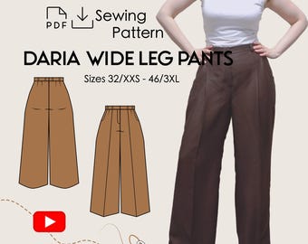 Pants DARIA Sewing Pattern PDF | Woman Sewing Pattern Digital | Wide Leg Suit Pants Sewing PDF Woman Trousers with Pleats Pattern Download