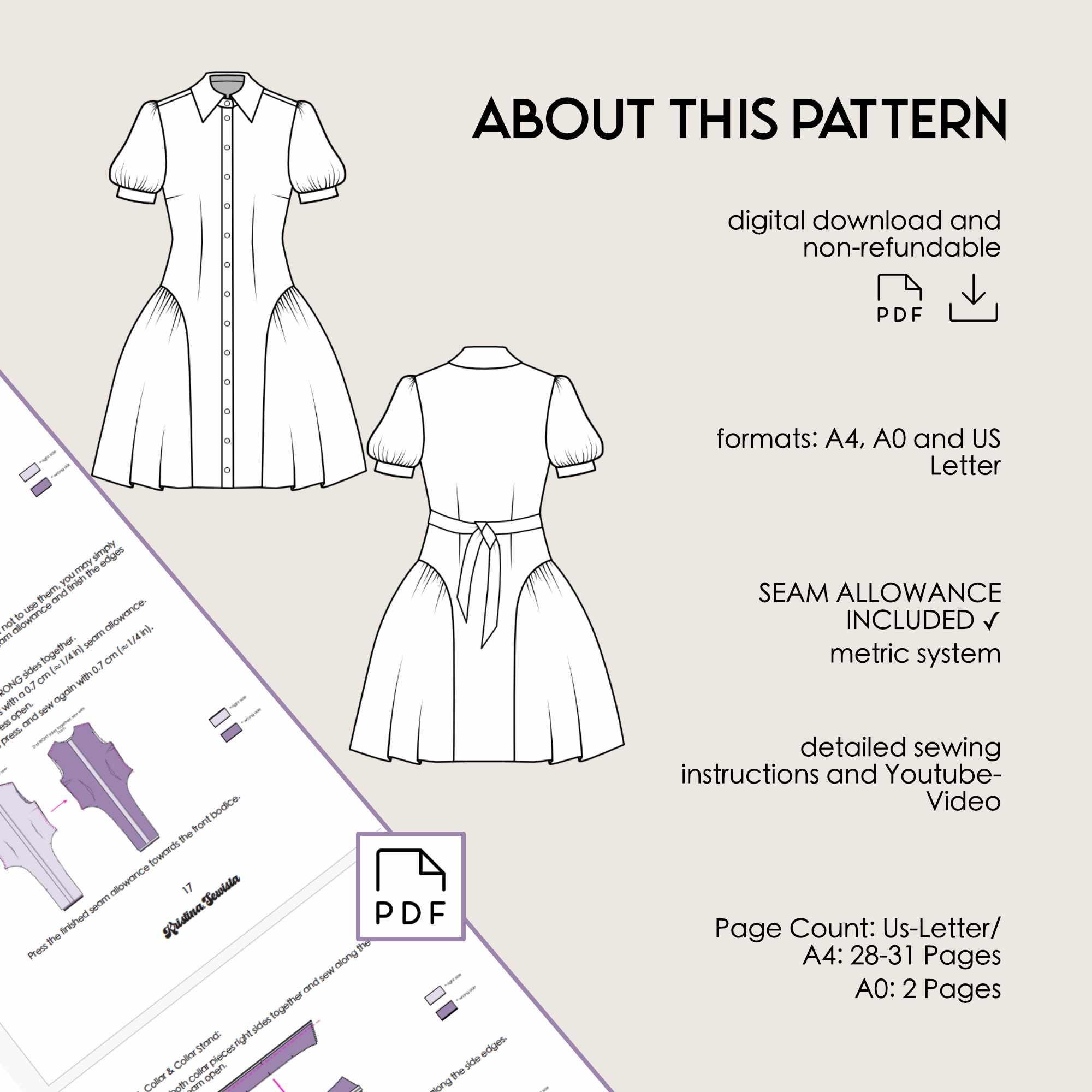 Shirt Dress GISELLE Sewing Pattern PDF | Woman Sewing Pattern Digital