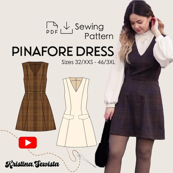 Pinafore Dress ENYA Sewing Pattern PDF | Woman Sewing Pattern Digital | Pinafore Sewing PDF V-neckline, old money Dress Pattern Download