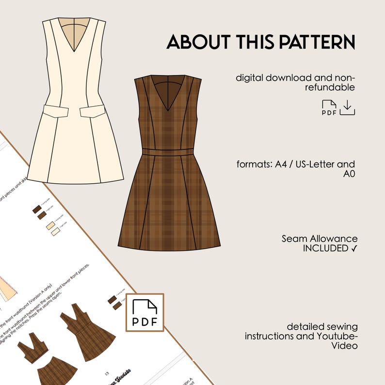 Pinafore Dress ENYA Sewing Pattern PDF | Woman Sewing Pattern Digital | Pinafore Sewing PDF V-neckline, old money Dress Pattern Download image 2
